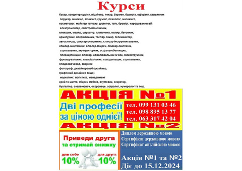 Курси кухар, кондитер, сушист, піццеолі, пекар, бармен, баріст, офіціант